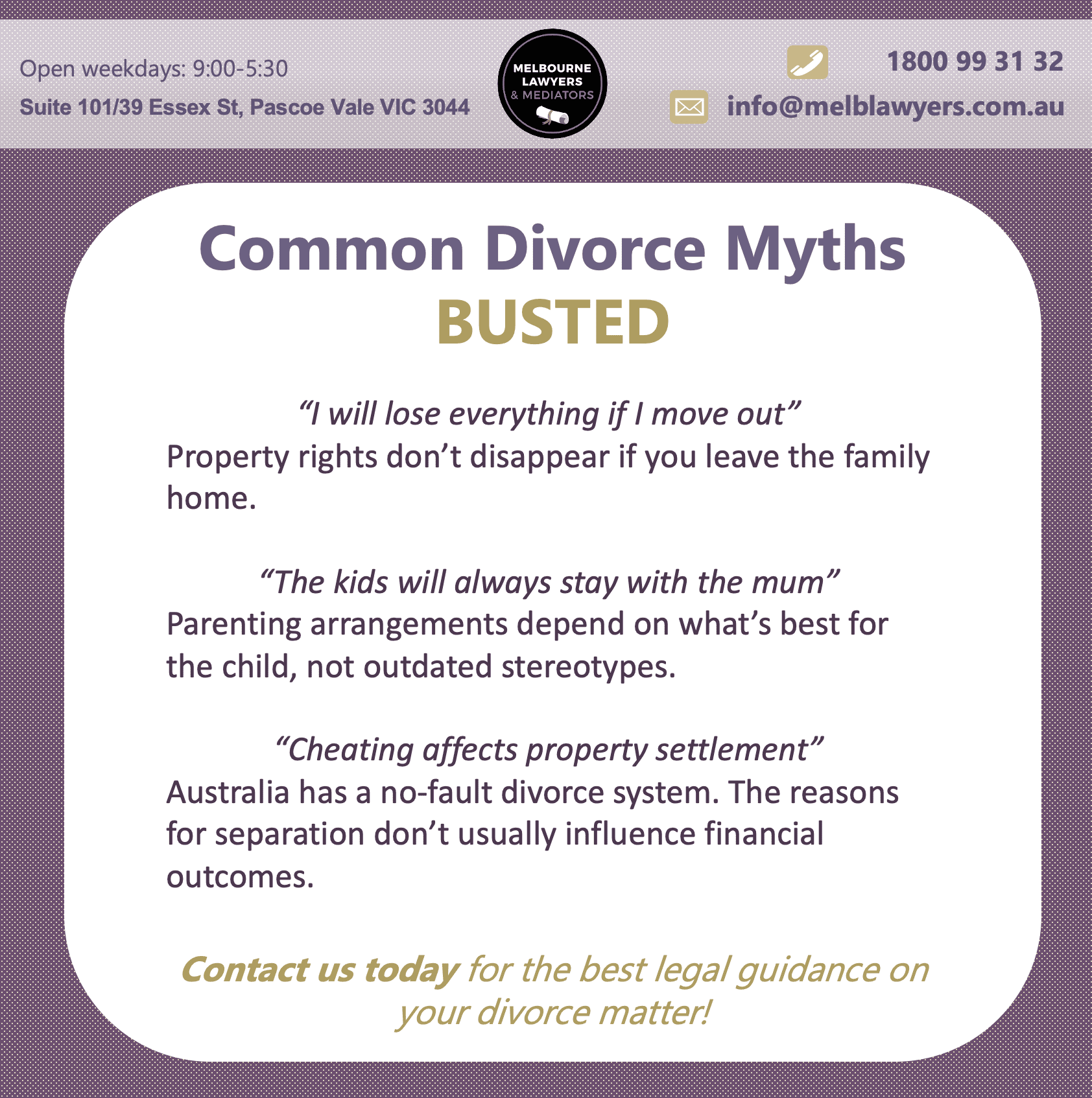 Common Divorce Myths BUSTED! | Melbourne Lawyers & Mediators